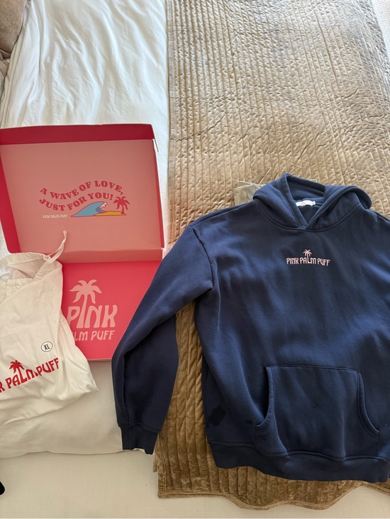 Pink Palm Puff Sweaters - Pink Palm Puff Navy Logo Hoodie